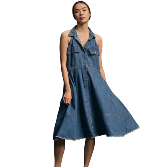 Anthropologie | Dresses | Anthropologie Pilcro Sleeveless Halter Swing Midi  Dress Size M Denim Pockets | Poshmark